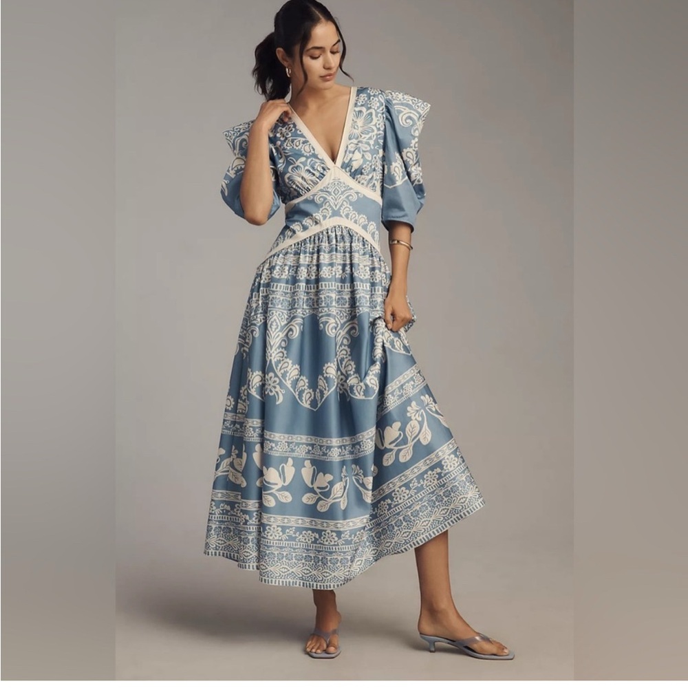 Anthropologie Farm Rio x Anthropologie Printed V-Neck Puff-Sleeve Maxi Dress